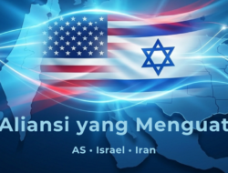 Ilustrasi headline ”Aliansi yang Menguat” dengan bendera Amerika Serikat dan Israel menyatu di atas peta Timur Tengah, menggambarkan koordinasi militer, tekanan terhadap Iran, dan dominasi geopolitik kawasan.