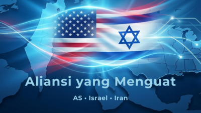 Ilustrasi headline ”Aliansi yang Menguat” dengan bendera Amerika Serikat dan Israel menyatu di atas peta Timur Tengah, menggambarkan koordinasi militer, tekanan terhadap Iran, dan dominasi geopolitik kawasan.