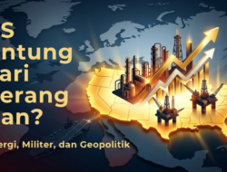 Ilustrasi headline “AS Untung dari Perang Iran?” dengan visual peta Amerika Serikat, kilang minyak, dan elemen militer yang menggambarkan keuntungan energi, kekuatan militer, dan pengaruh geopolitik.
