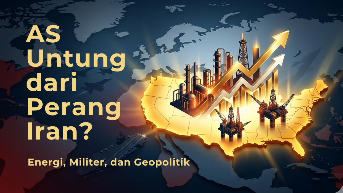 Ilustrasi headline “AS Untung dari Perang Iran?” dengan visual peta Amerika Serikat, kilang minyak, dan elemen militer yang menggambarkan keuntungan energi, kekuatan militer, dan pengaruh geopolitik.