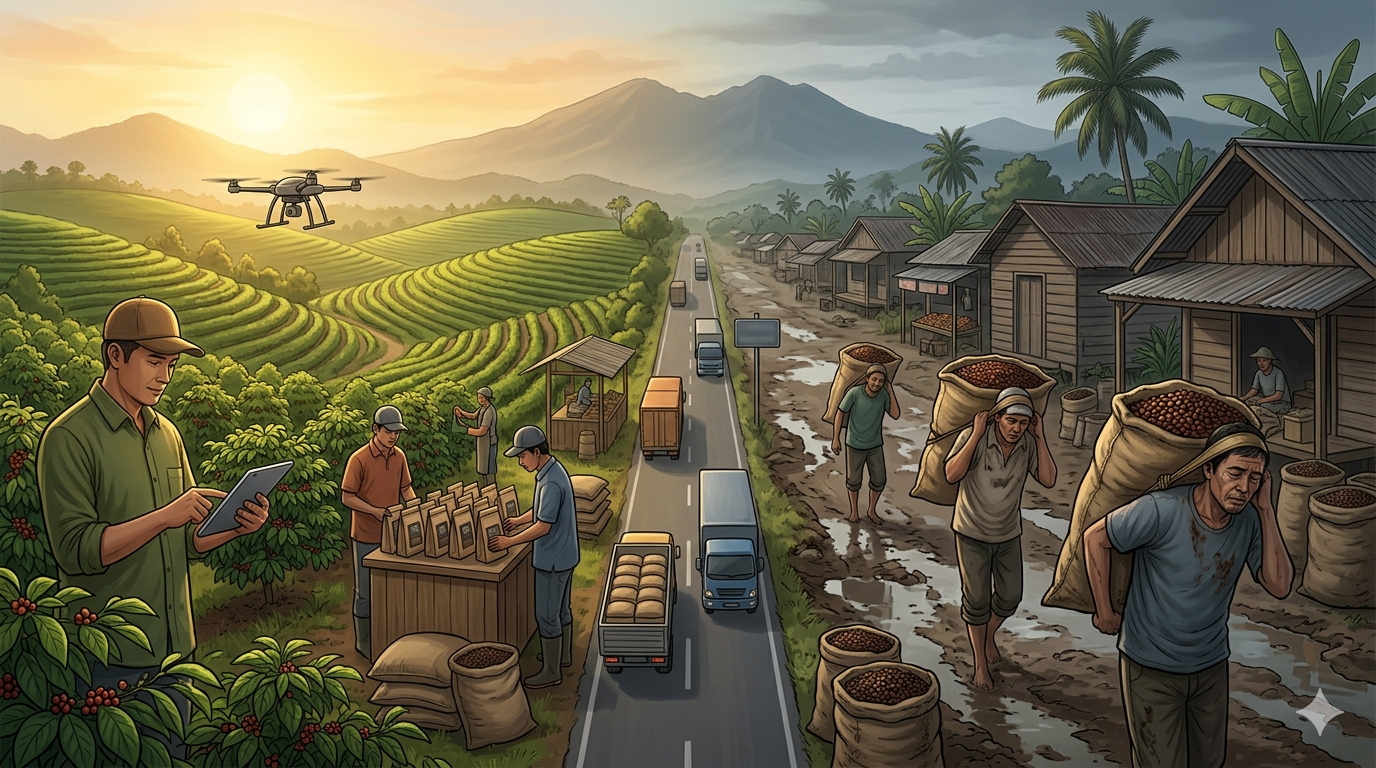 Ilustrasi kondisi ekonomi Bukit Kemuning 2026 yang menampilkan perbandingan potensi hilirisasi kopi dan realitas keterbatasan infrastruktur desa di Lampung Utara