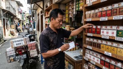 Agen rokok skala kecil menata stok rokok lokal dan SKT di warung kelontong dengan motor distribusi dan pencatatan stok, mencerminkan peluang dan tantangan bisnis distribusi rokok di Indonesia.
