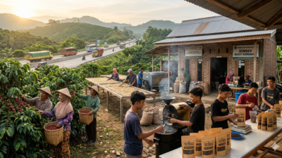 Ilustrasi hilirisasi kopi di desa Bukit Kemuning Lampung Utara, petani memanen dan mengolah kopi dengan mesin pengering serta produksi kopi kemasan oleh BUMDes
