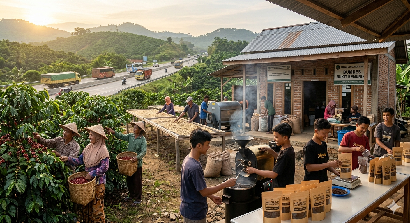 Ilustrasi hilirisasi kopi di desa Bukit Kemuning Lampung Utara, petani memanen dan mengolah kopi dengan mesin pengering serta produksi kopi kemasan oleh BUMDes