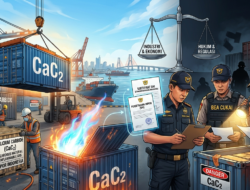 Ilustrasi impor karbit di Indonesia tahun 2026 yang menunjukkan aktivitas pelabuhan, pengawasan Bea Cukai, simbol SNI, serta risiko bahan kimia berbahaya CaC2