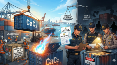 Ilustrasi impor karbit di Indonesia tahun 2026 yang menunjukkan aktivitas pelabuhan, pengawasan Bea Cukai, simbol SNI, serta risiko bahan kimia berbahaya CaC2