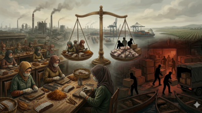 Ilustrasi pekerja pabrik rokok SKT dan bayangan peredaran rokok ilegal di Jawa Timur 2026 yang mencerminkan tekanan industri dan ketidakpastian kebijakan cukai