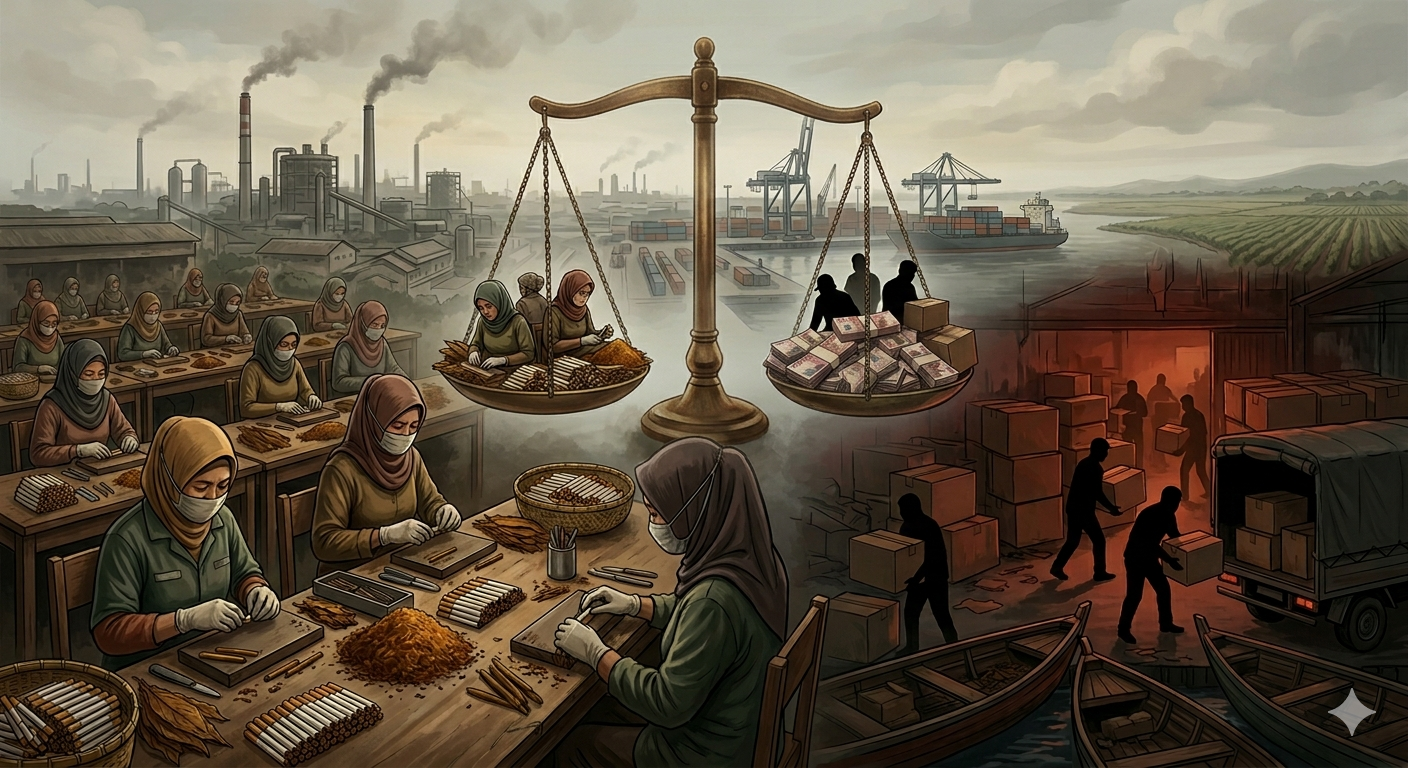 Ilustrasi pekerja pabrik rokok SKT dan bayangan peredaran rokok ilegal di Jawa Timur 2026 yang mencerminkan tekanan industri dan ketidakpastian kebijakan cukai