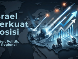 Ilustrasi headline ”Israel Perkuat Posisi” dengan visual sistem pertahanan udara, peta Israel, dan intersepsi rudal yang menggambarkan kekuatan militer, stabilitas politik, dan dinamika keamanan regional.