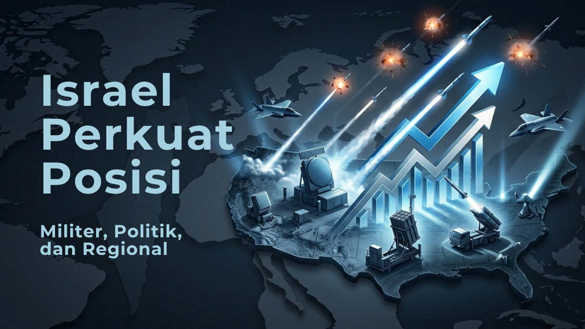 Ilustrasi headline ”Israel Perkuat Posisi” dengan visual sistem pertahanan udara, peta Israel, dan intersepsi rudal yang menggambarkan kekuatan militer, stabilitas politik, dan dinamika keamanan regional.