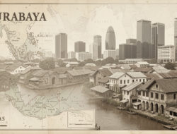Ilustrasi AI tata kota Surabaya yang memadukan peta kolonial, Sungai Kalimas, jalur kereta awal, dan lanskap kota modern