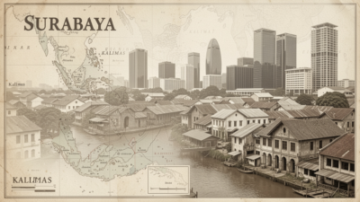 Ilustrasi AI tata kota Surabaya yang memadukan peta kolonial, Sungai Kalimas, jalur kereta awal, dan lanskap kota modern