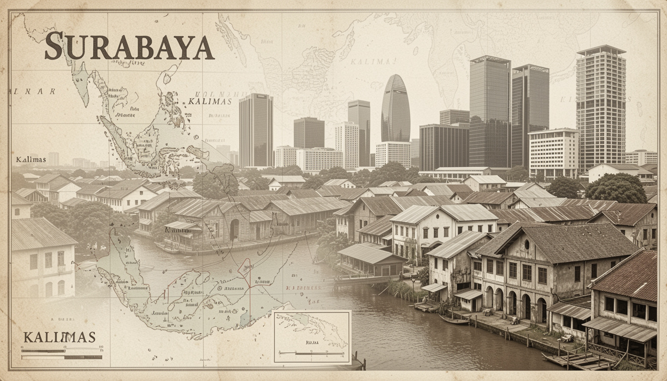 Ilustrasi AI tata kota Surabaya yang memadukan peta kolonial, Sungai Kalimas, jalur kereta awal, dan lanskap kota modern