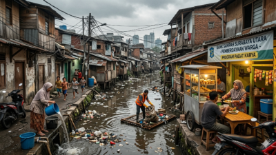 Ilustrasi kawasan padat Kelurahan Pegirian Surabaya dengan sungai penuh sampah dan aktivitas UMKM warga di bantaran sungai