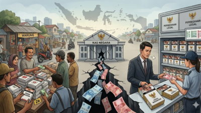 Ilustrasi peredaran rokok ilegal murah tanpa pita cukai dan rokok legal bercukai di Indonesia, menyoroti dampak ekonomi dan risiko kesehatan