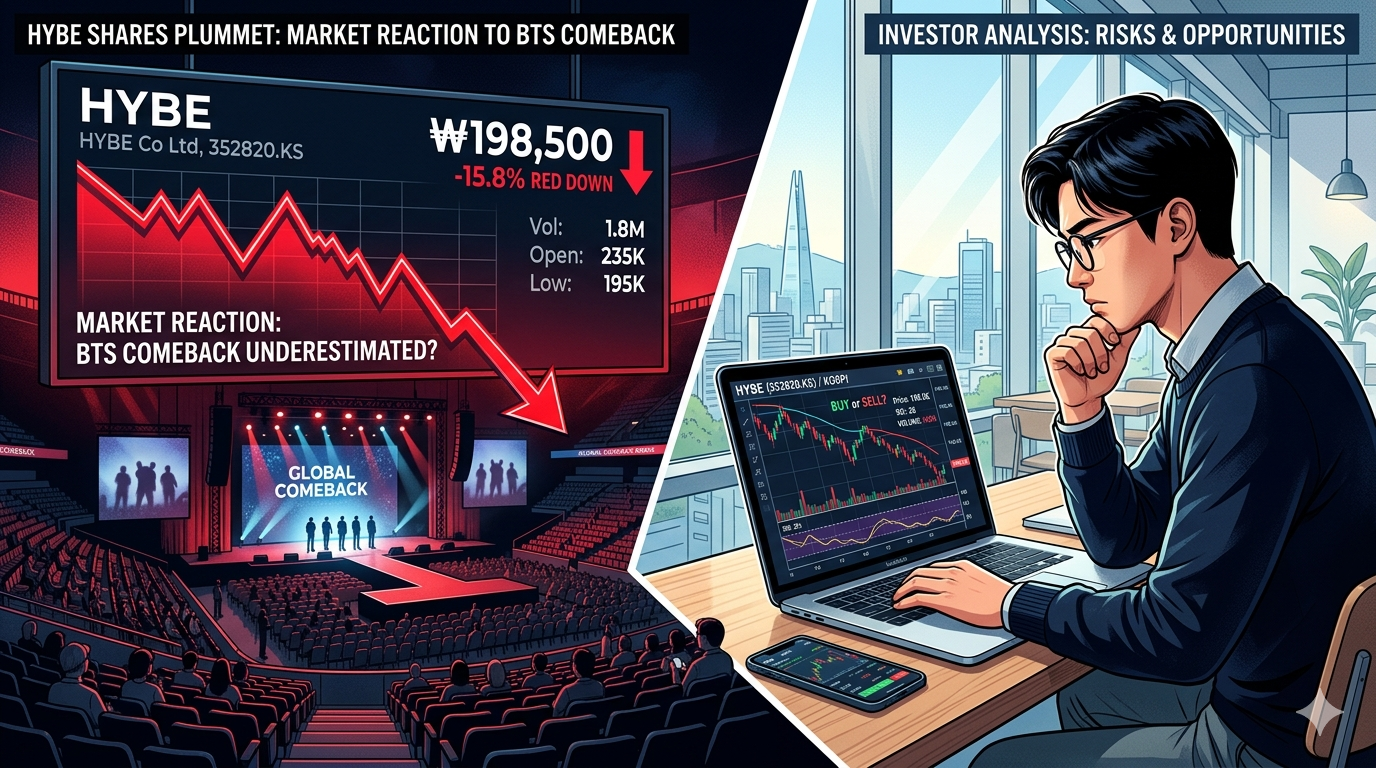 Ilustrasi grafik saham HYBE anjlok usai “comeback” BTS, menunjukkan risiko dan peluang bagi “trader” pemula dan investor mikro