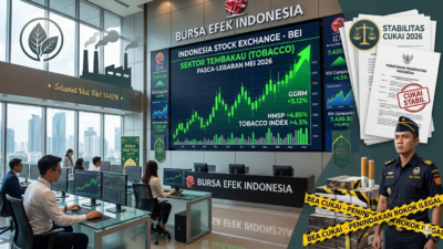 Ilustrasi pasar saham Indonesia pasca Lebaran 2026 dengan grafik saham naik, mencerminkan penguatan saham rokok di BEI didorong stabilitas cukai dan penindakan rokok ilegal