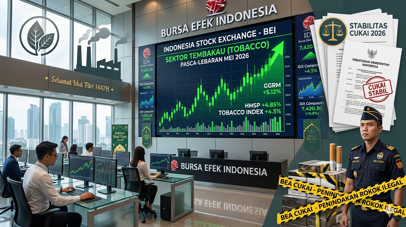 Ilustrasi pasar saham Indonesia pasca Lebaran 2026 dengan grafik saham naik, mencerminkan penguatan saham rokok di BEI didorong stabilitas cukai dan penindakan rokok ilegal