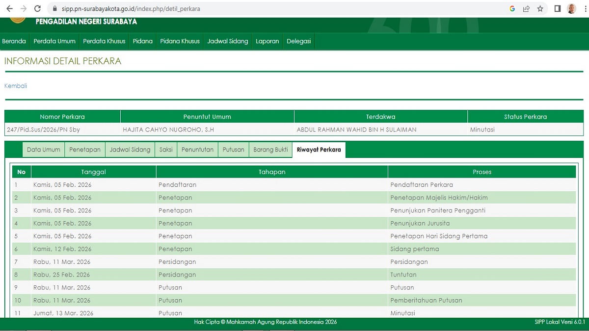 Sistem Informasi Penelusuran Perkara Pengadilan Negeri Surabaya, riwayat perkara nomor 247/Pid.Sus/2026.