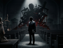 Ilustrasi advokat pembangkang berdiri di ruang sidang gelap dengan timbangan keadilan retak, menggambarkan krisis hukum Indonesia 2026 dalam analisis ”Rogue Lawyer”