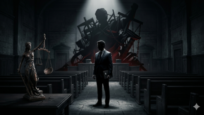 Ilustrasi advokat pembangkang berdiri di ruang sidang gelap dengan timbangan keadilan retak, menggambarkan krisis hukum Indonesia 2026 dalam analisis ”Rogue Lawyer”