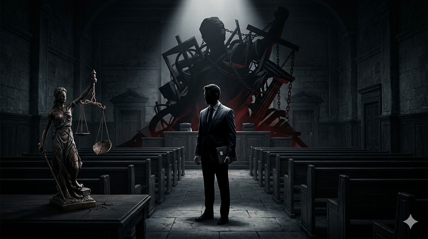 Ilustrasi advokat pembangkang berdiri di ruang sidang gelap dengan timbangan keadilan retak, menggambarkan krisis hukum Indonesia 2026 dalam analisis ”Rogue Lawyer”