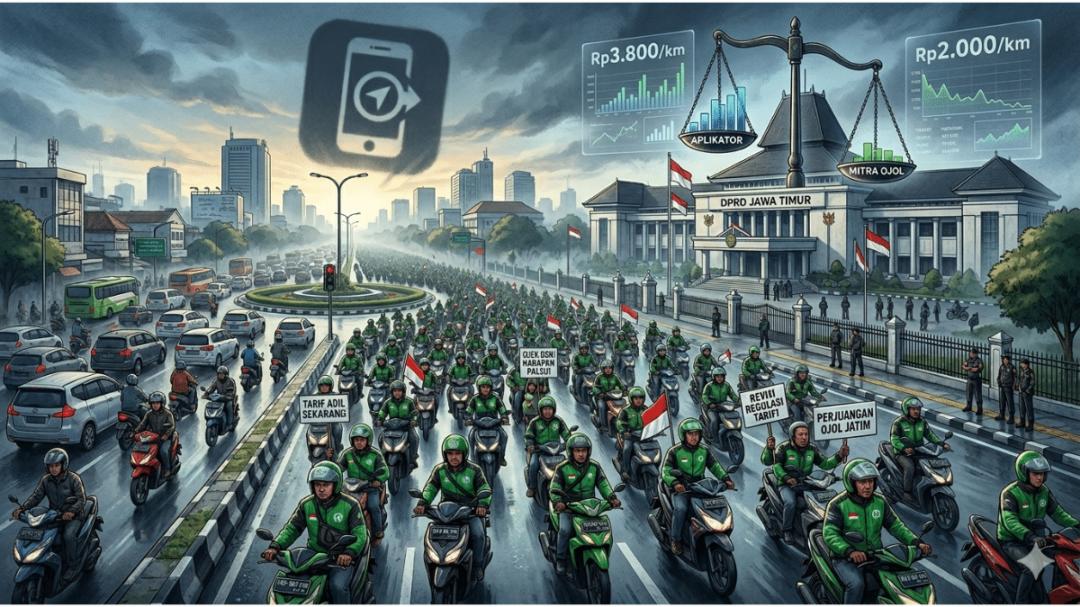 Ilustrasi aksi 3000 ojol Jawa Timur menuju DPRD Jawa Timur menuntut keadilan tarif dan regulasi aplikator