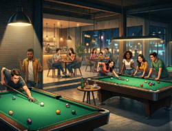 Ilustrasi rumah biliar modern di Surabaya dengan beragam pengunjung, dari pemain serius hingga anak muda dan individu reflektif, mencerminkan transformasi meja hijau sebagai gaya hidup urban.