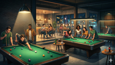 Ilustrasi rumah biliar modern di Surabaya dengan beragam pengunjung, dari pemain serius hingga anak muda dan individu reflektif, mencerminkan transformasi meja hijau sebagai gaya hidup urban.