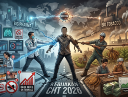 Ilustrasi kebijakan CHT 2026 dengan simbol perang nikotin, tekanan kapitalisme global, dan kerangka MPOWER dalam pengendalian tembakau