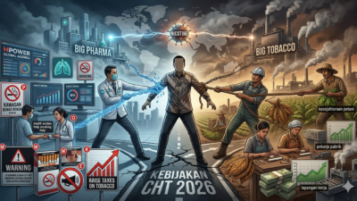 Ilustrasi kebijakan CHT 2026 dengan simbol perang nikotin, tekanan kapitalisme global, dan kerangka MPOWER dalam pengendalian tembakau