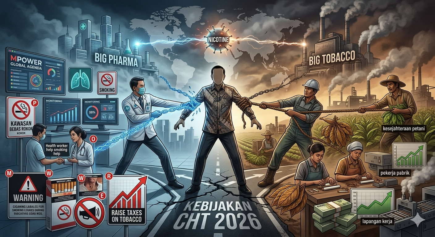 Ilustrasi kebijakan CHT 2026 dengan simbol perang nikotin, tekanan kapitalisme global, dan kerangka MPOWER dalam pengendalian tembakau