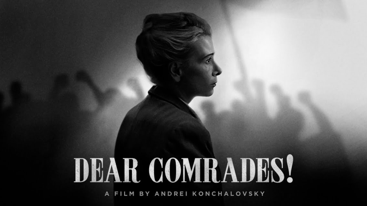 Poster film “Dear Comrades!” (2020) karya Andrei Konchalovsky dengan nuansa hitam putih yang menggambarkan tragedi Novocherkassk dan tema otoritarianisme