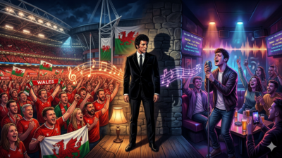 Ilustrasi editorial lagu “Delilah” 1968 yang dipopulerkan Tom Jones, menampilkan kontras stadion rugby dan karaoke sebagai simbol kontroversi dan nostalgia budaya di 2026.