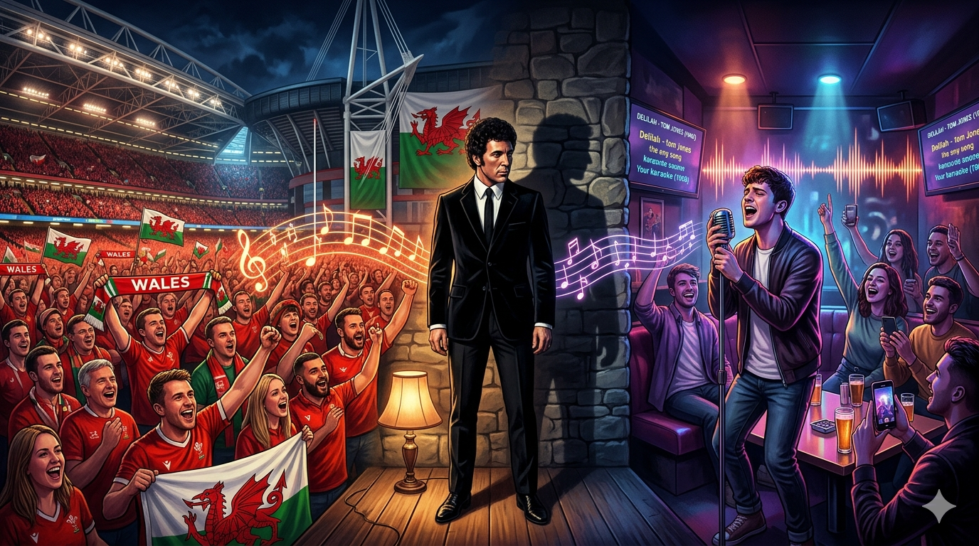 Ilustrasi editorial lagu “Delilah” 1968 yang dipopulerkan Tom Jones, menampilkan kontras stadion rugby dan karaoke sebagai simbol kontroversi dan nostalgia budaya di 2026.