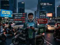Pengemudi ojek online di Surabaya tahun 2026 terlihat lelah di tengah kemacetan kota digital, dengan tampilan aplikasi yang menunjukkan potongan pendapatan dan tekanan algoritma kerja gig economy.