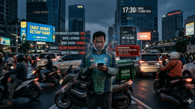 Pengemudi ojek online di Surabaya tahun 2026 terlihat lelah di tengah kemacetan kota digital, dengan tampilan aplikasi yang menunjukkan potongan pendapatan dan tekanan algoritma kerja gig economy.
