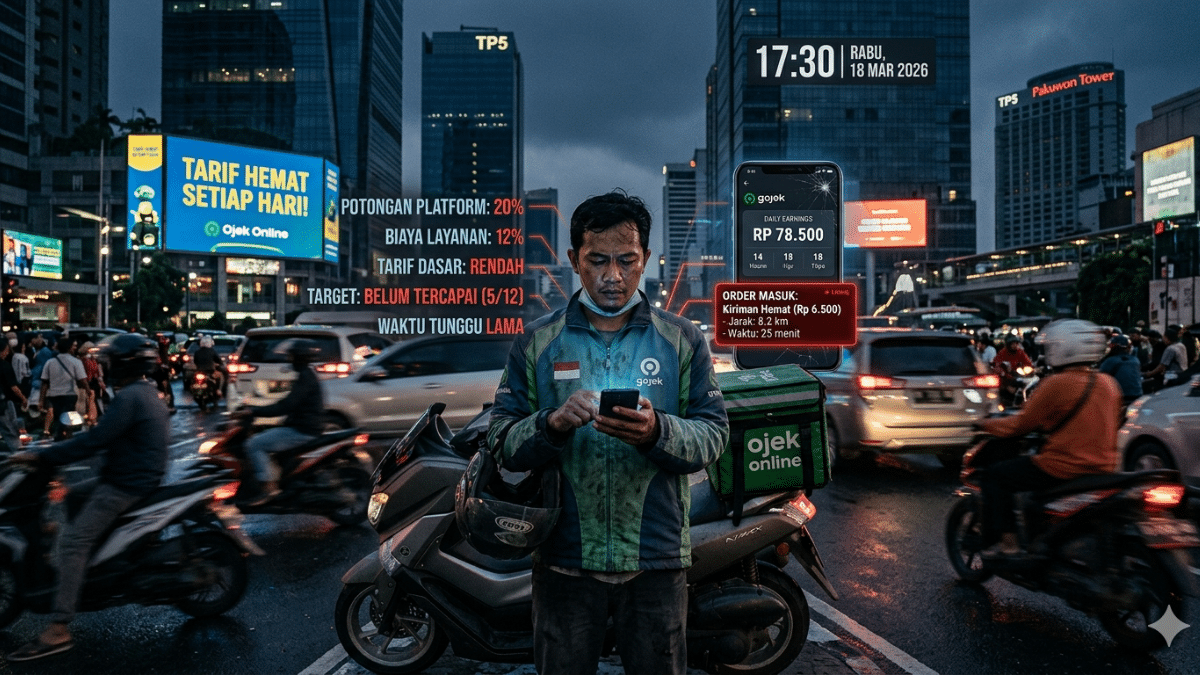 Pengemudi ojek online di Surabaya tahun 2026 terlihat lelah di tengah kemacetan kota digital, dengan tampilan aplikasi yang menunjukkan potongan pendapatan dan tekanan algoritma kerja gig economy.