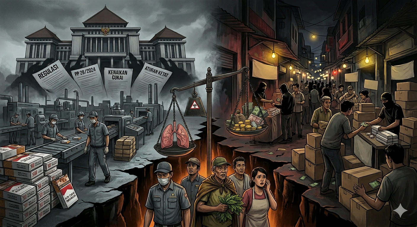 Ilustrasi industri rokok legal Indonesia 2026 yang tertekan regulasi ketat, beban cukai tinggi, dan maraknya rokok illegal