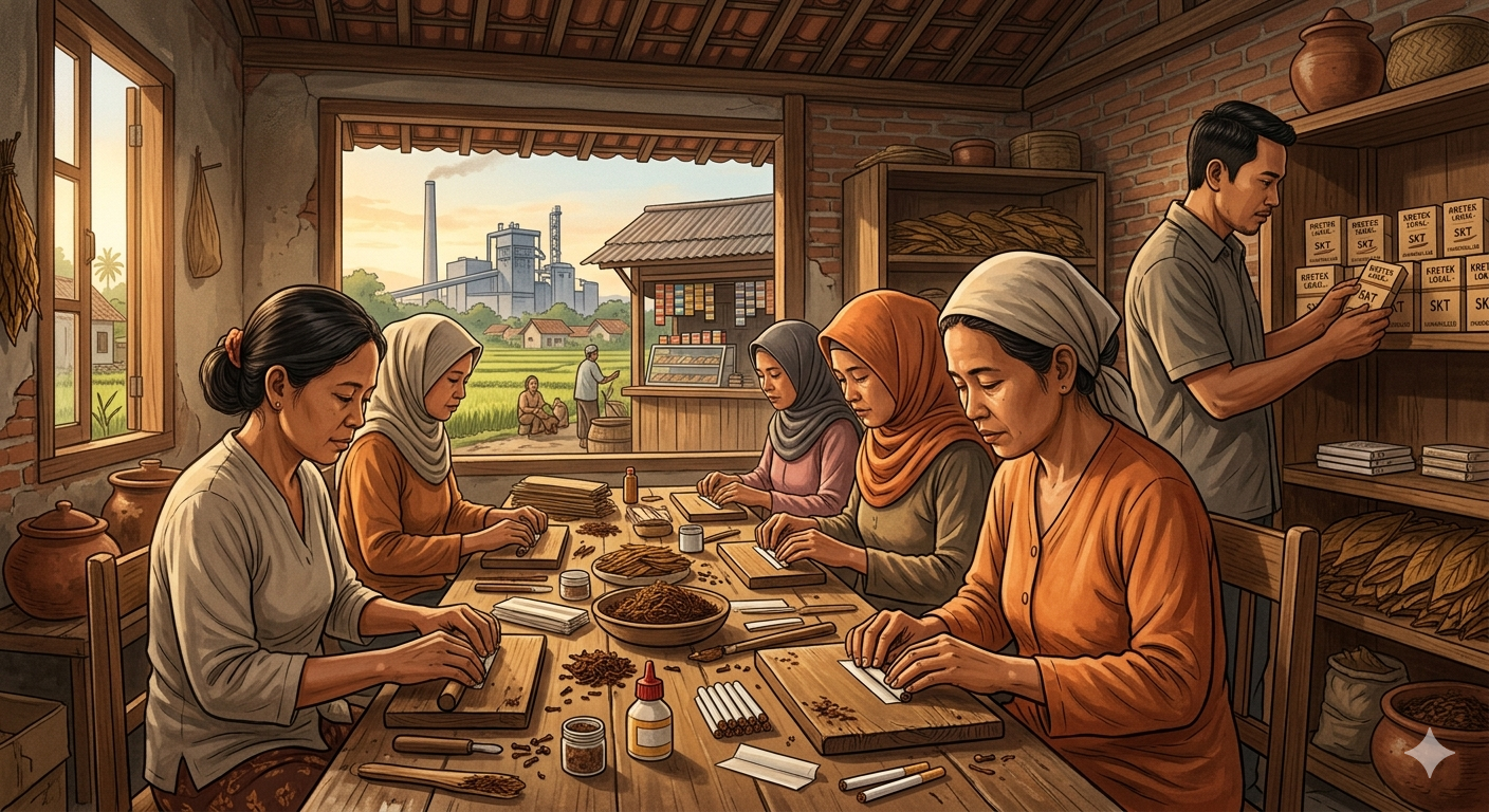 Ilustrasi pekerja melinting rokok kretek tangan di industri rokok rumahan Indonesia sebagai bentuk kewirausahaan lokal di tengah penataan legalitas