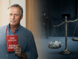 John Grisham memegang novel ”Rogue Lawyer” dengan latar ruang sidang gelap yang merepresentasikan kritik terhadap sistem hukum yang tidak adil