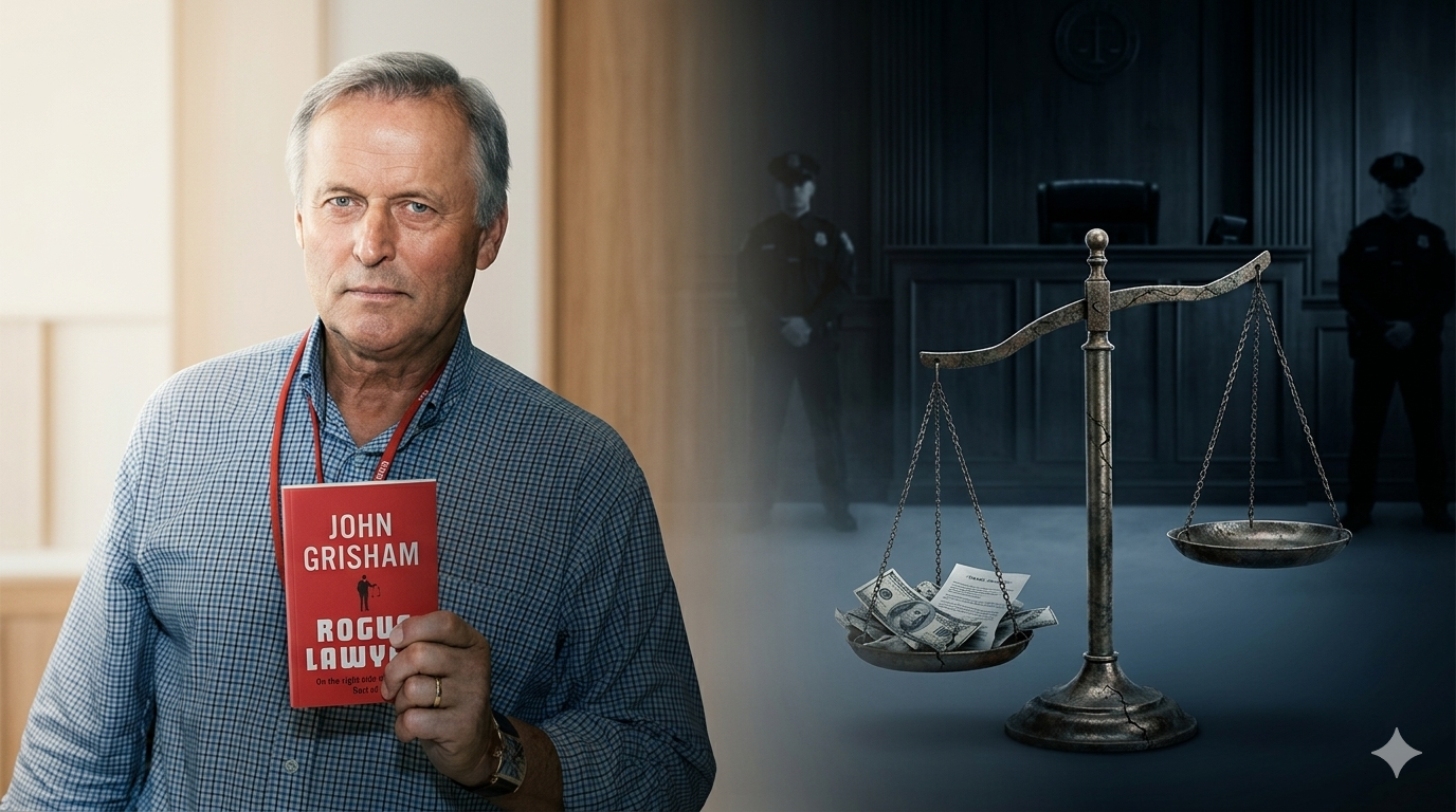John Grisham memegang novel ”Rogue Lawyer” dengan latar ruang sidang gelap yang merepresentasikan kritik terhadap sistem hukum yang tidak adil