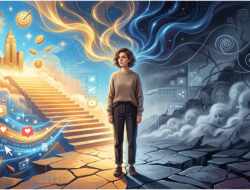 Ilustrasi konsep “Law of Attraction” di era digital yang menampilkan kontras antara harapan, manifesting, dan tekanan psikologis akibat ilusi pikiran positif