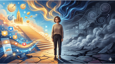 Ilustrasi konsep “Law of Attraction” di era digital yang menampilkan kontras antara harapan, manifesting, dan tekanan psikologis akibat ilusi pikiran positif