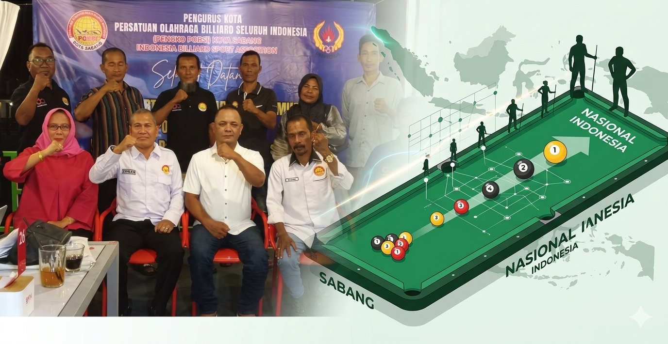 Ilustrasi gabungan Muskot POBSI Sabang 2026–2030 dan konsep pembinaan biliar nasional Indonesia melalui talent pipeline dari daerah ke tingkat nasional