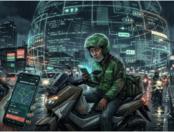Ilustrasi pengemudi ojol di Indonesia tahun 2026 menghadapi penurunan pendapatan akibat algoritma aplikasi dan tekanan ketenagakerjaan digital