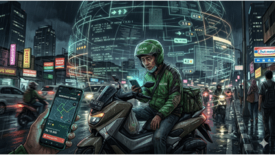 Ilustrasi pengemudi ojol di Indonesia tahun 2026 menghadapi penurunan pendapatan akibat algoritma aplikasi dan tekanan ketenagakerjaan digital