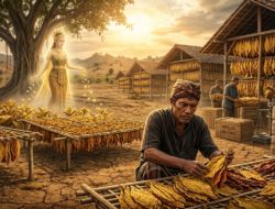 Ilustrasi petani tembakau di Madura dengan daun tembakau Campalok berwarna keemasan, berlatar sosok mitologis Potre Koneng sebagai simbol budaya dan ekonomi premium di Pamekasan dan Sumenep
