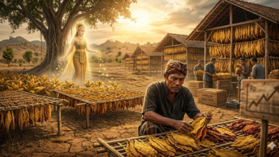 Ilustrasi petani tembakau di Madura dengan daun tembakau Campalok berwarna keemasan, berlatar sosok mitologis Potre Koneng sebagai simbol budaya dan ekonomi premium di Pamekasan dan Sumenep