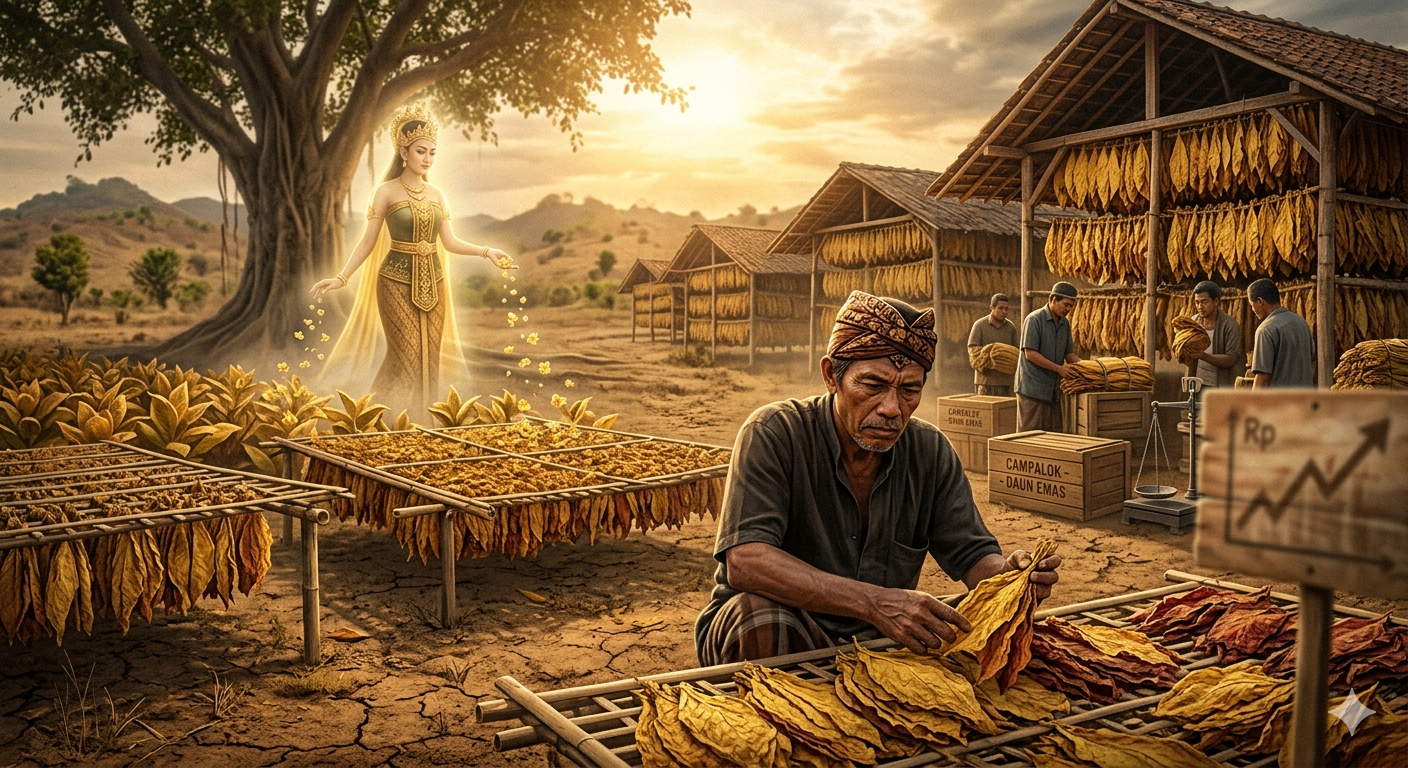 Ilustrasi petani tembakau di Madura dengan daun tembakau Campalok berwarna keemasan, berlatar sosok mitologis Potre Koneng sebagai simbol budaya dan ekonomi premium di Pamekasan dan Sumenep